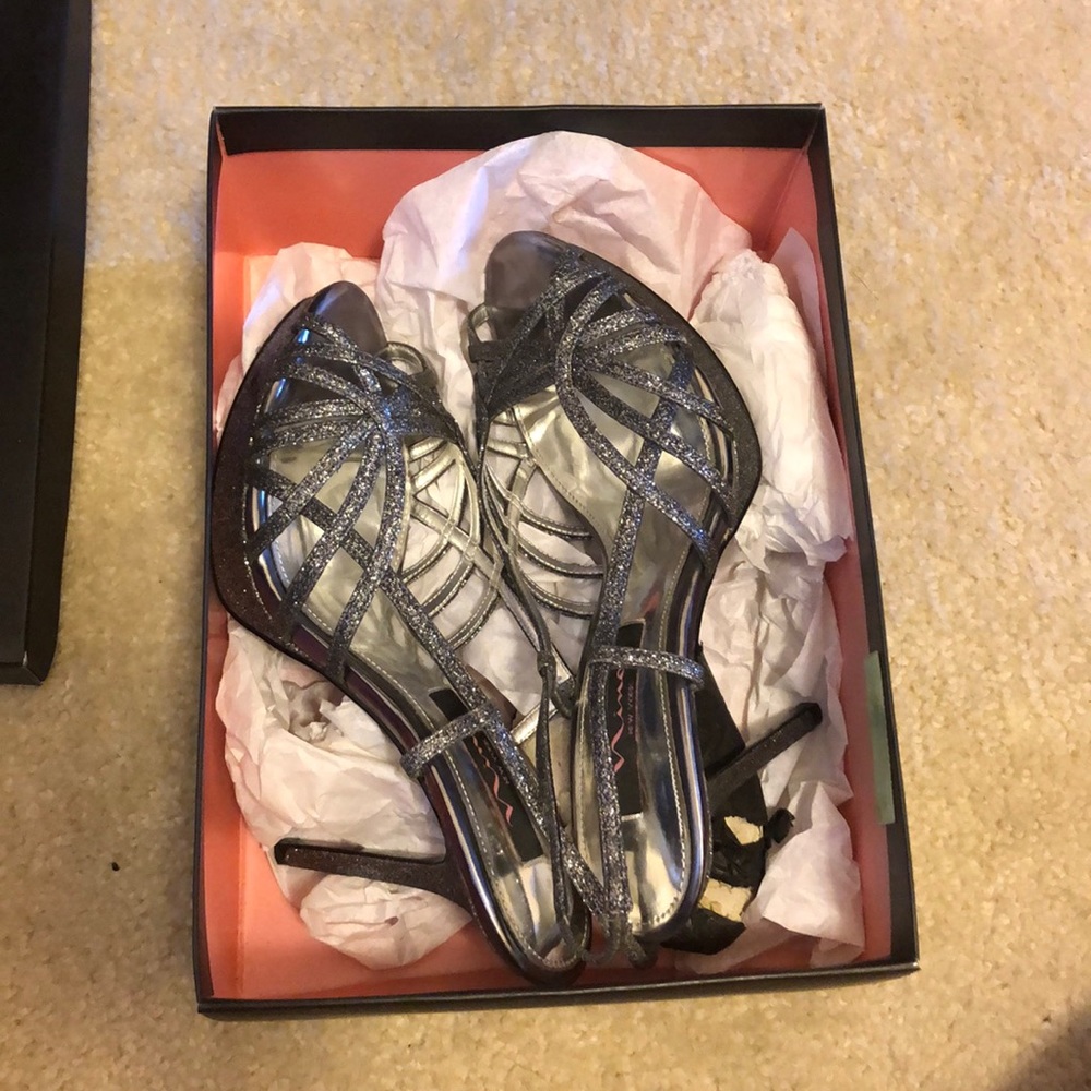 Sparkly silver open toed heels